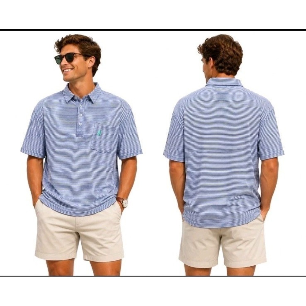 JOHNNIE-O Mens XL Blue White Striped Polo Shirt Embroided Surfer Logo Nautical‎